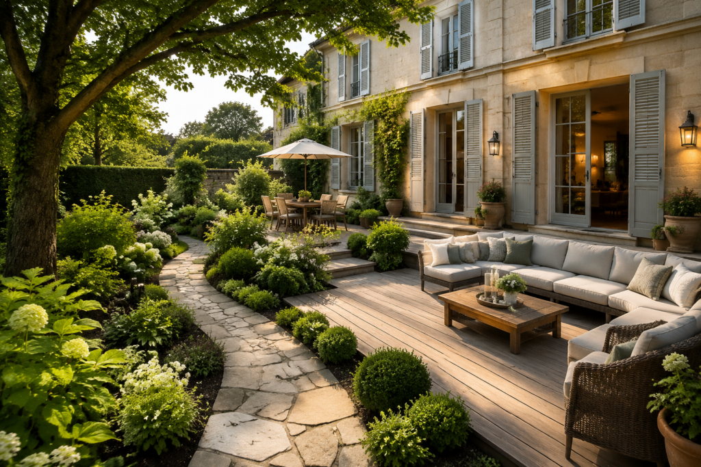 Jardin paysager moderne avec terrasse, allée en pierre, massifs végétalisés et espace détente lumineux.