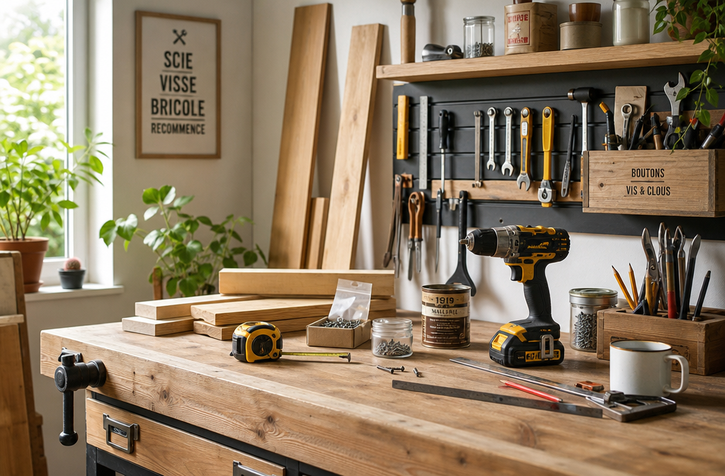 Établi de bricolage avec outils, planches en bois, perceuse et accessoires dans un espace lumineux et soigné.