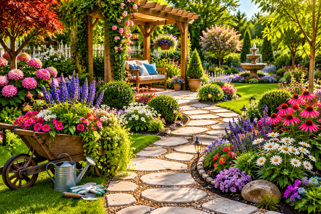 Un jardin verdoyant avec outils de jardinage, plantations fleuries et allée soignée en lumière naturelle.