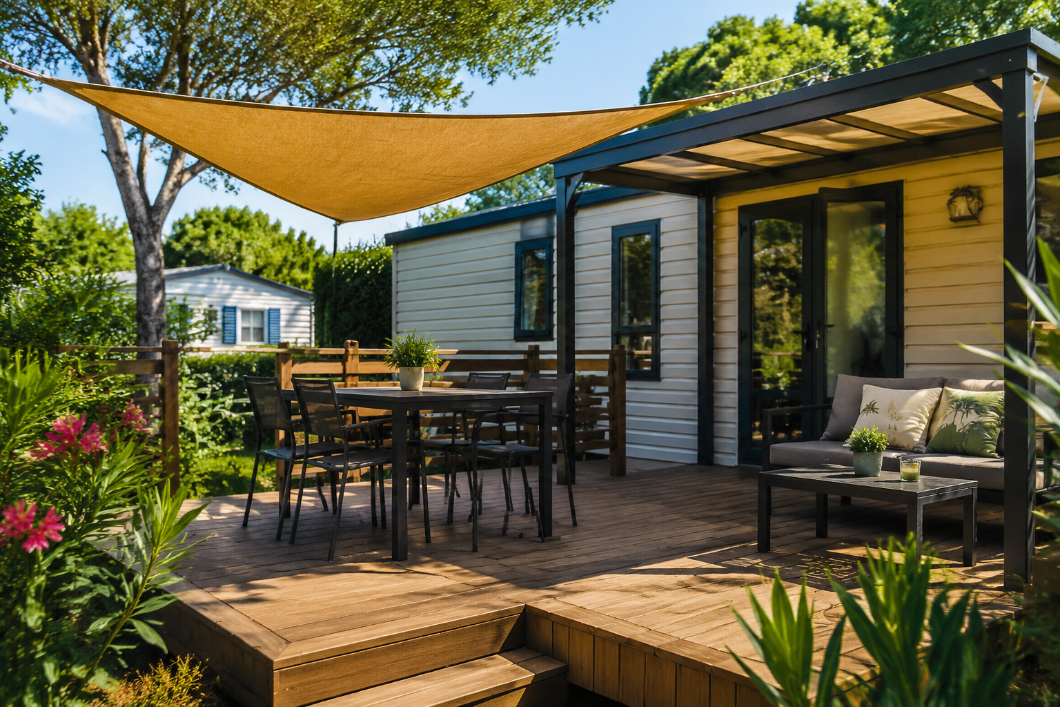 Aménager une terrasse de mobil-home : règles, matériaux, budget et idées pratiques