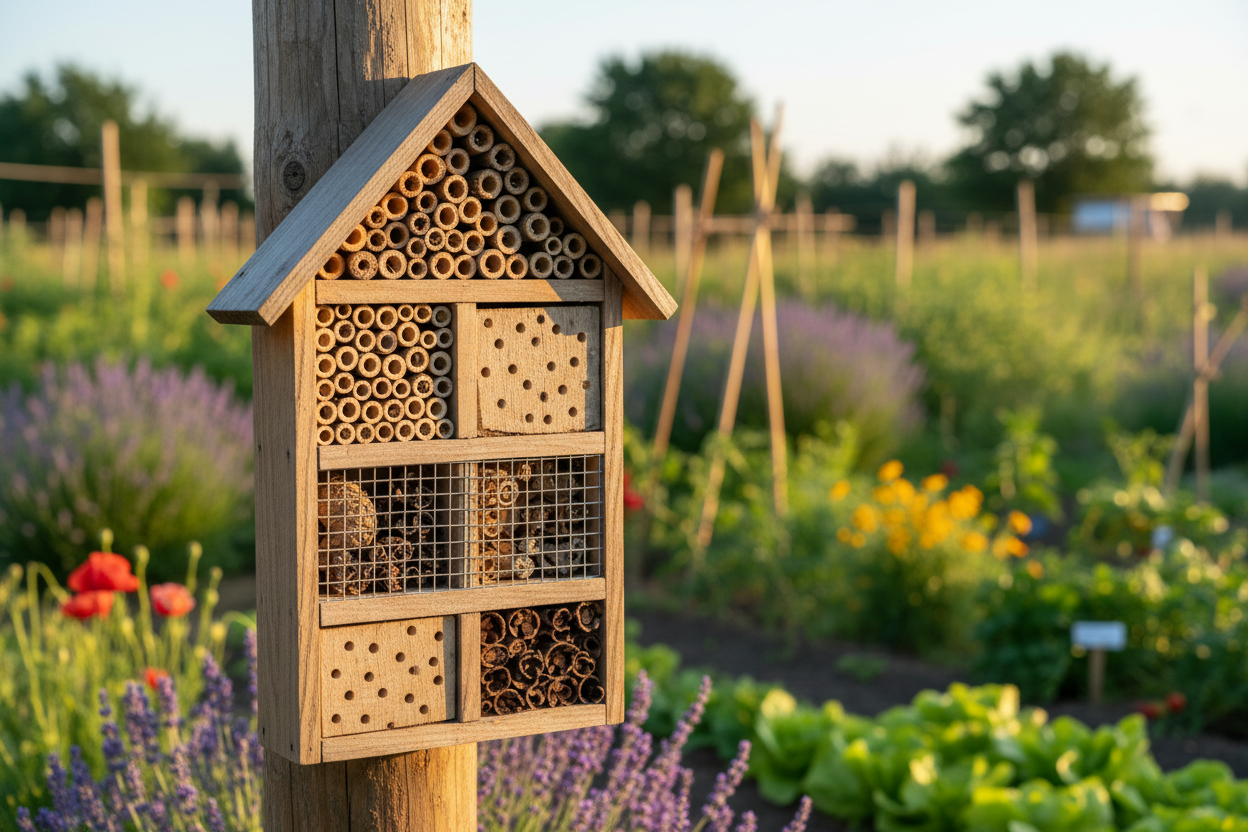 Maison à insectes en bois installée sur un poteau stable dans un jardin fleuri ensoleillé.