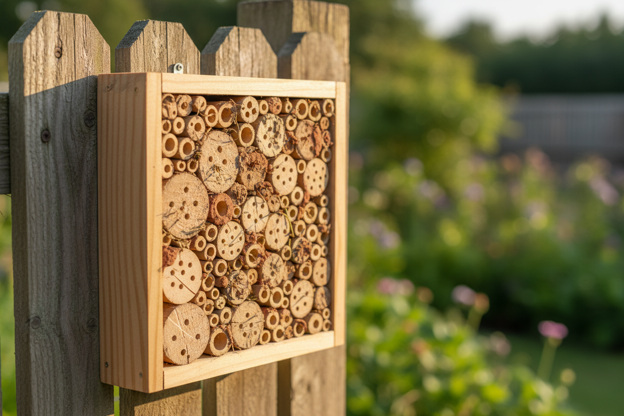 Gros plan sur une maison à insectes dont plusieurs trous sont bouchés à l'argile, signe d'occupation par des abeilles solitaires.