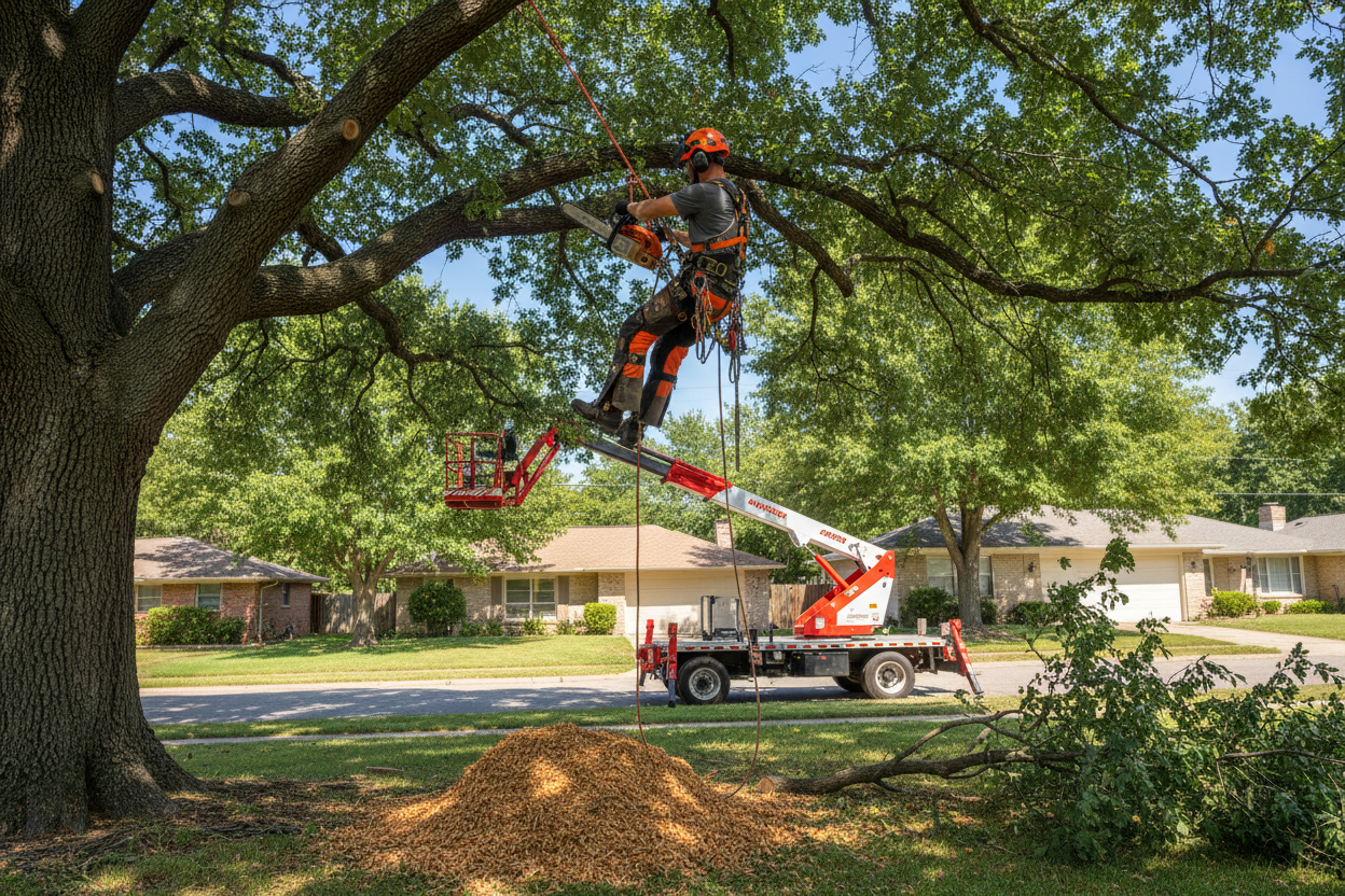Élagueur professionnel en hauteur réalisant la taille d'un grand arbre dans un jardin privé.