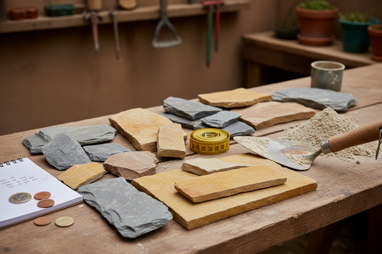 Différentes pierres naturelles pour bordure de jardin posées avec mortier et outils, illustrant le budget matériaux nécessaire.
