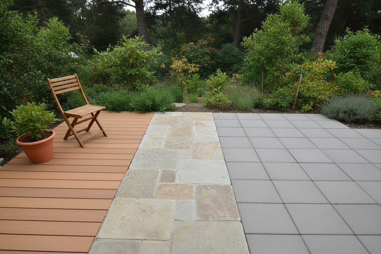 Terrasse extérieure combinant différents revêtements de sol pour illustrer un choix adapté au mode de vie.