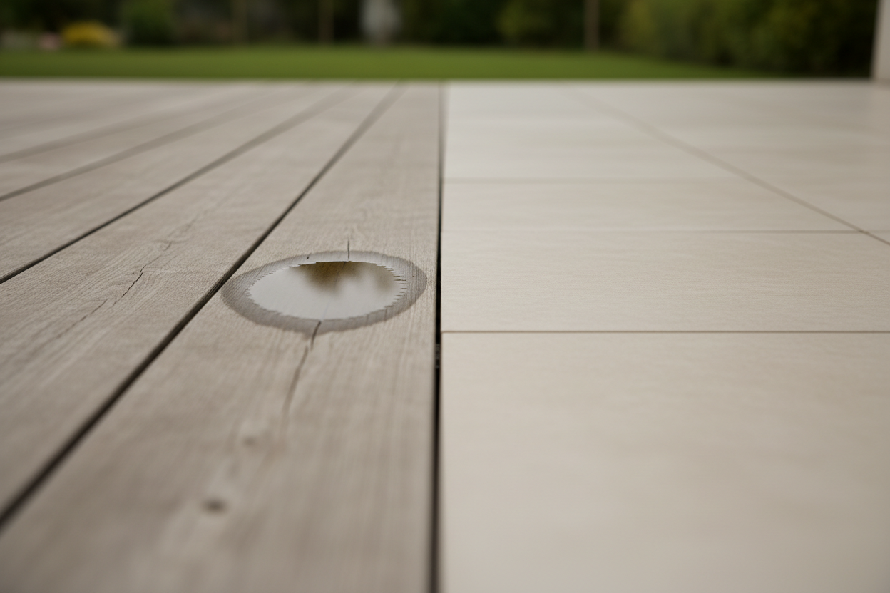 Comparaison entre une lame de terrasse en bois vieilli et un carrelage extérieur propre et facile à entretenir.